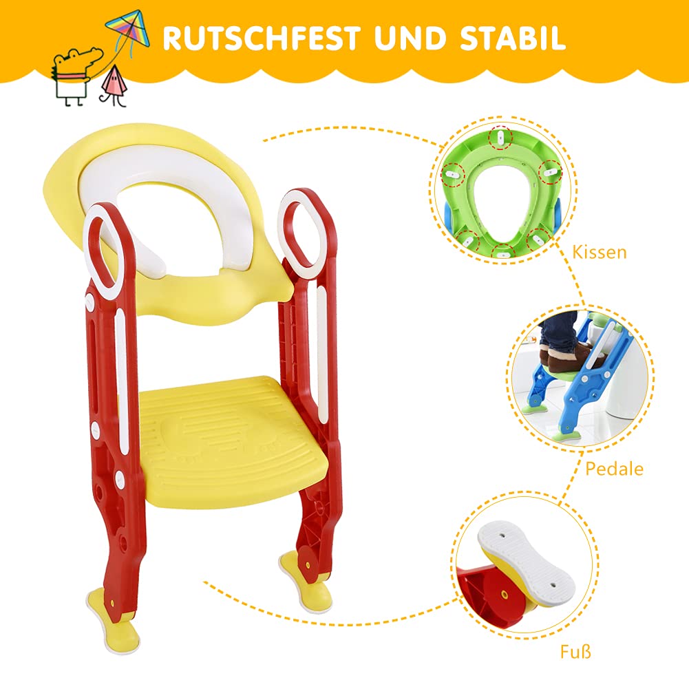 Töpfchentrainer Toilettentrainer Töpfchenstuhl Universal Passend mit verstellbar Treppe/Leiter weicher Sitz-Design Klappbar Rutschfest ab 1 Jahre (Rot+Gelb)