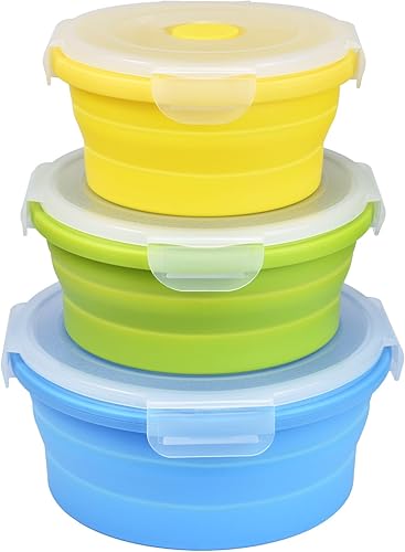 LBTING Recipientes de almacenamiento de alimentos con tapas, paquete de 3 cajas de almuerzo plegables de silicona sin BPA herméticas con sellado al