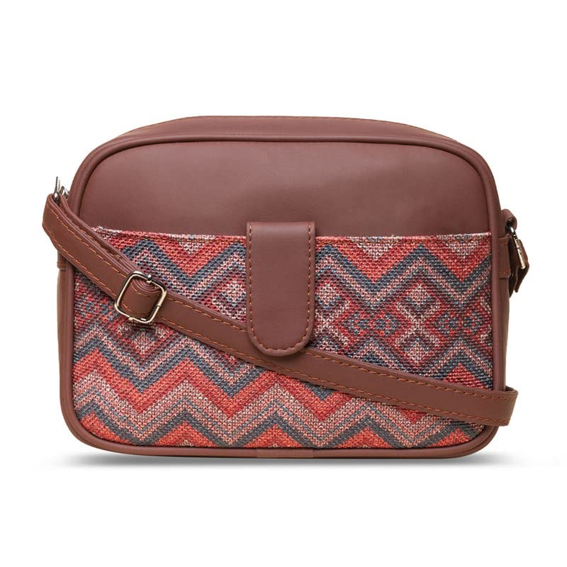 Image of ZOUK Gwalior Weaves Motif Printed Women's Jute Handcrafted Vegan Leather Multicolor Magnetic Sling Bag