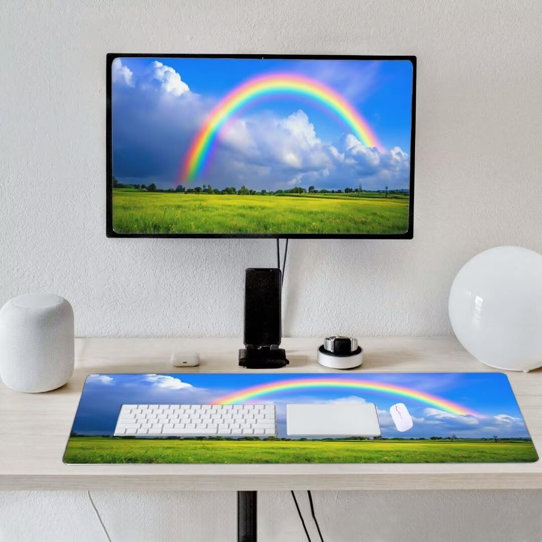 Alfombrilla de ratón 1400x600x3 MM, Alfombrilla Ratón XXL Extendida de Gran Tamaño con Bordes Cosidos, Base de Goma Antideslizante Almohadilla para Teclado, Pradera del Arco Iris S-377