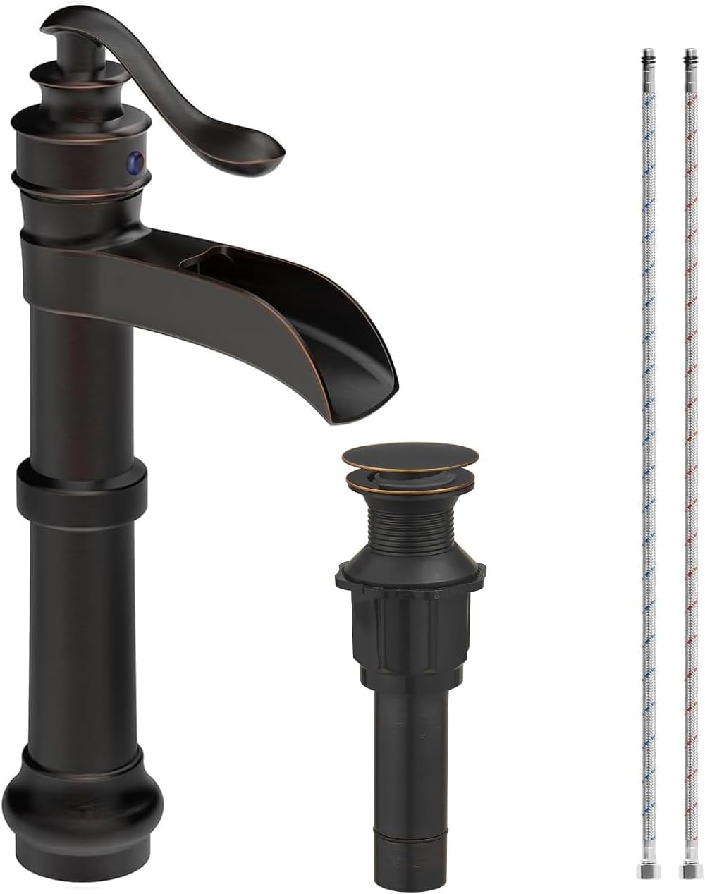 Homevacious Oil Rubbed Bronze Waterfall Vessel Sink Tall Black Single Handle Bath Basin Farmhouse with Pop Up Drain Assembly Lavatory One Hole Mixer Tap Without Overflow