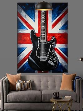 Union Jack  ngiliz Bayra  Siyah Elektro Gitar Dekoratif Kanvas - Mdf Ah ap Tablo