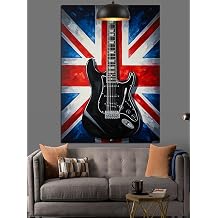 Union Jack  ngiliz Bayra  Siyah Elektro Gitar Dekoratif Kanvas - Mdf Ah ap Tablo
