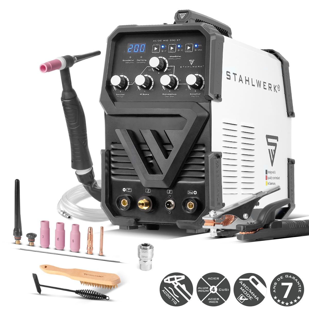 STAHLWERK Poste à souder combiné 2-en-1 AC/DC TIG 200 ST – TIG & MMA (ARC) jusqu'à 200 A, amorçage HF, Hotstart, Anti-Stick, mode 2T & 4T, soudage AC TIG pour aluminium, technologie IGBT