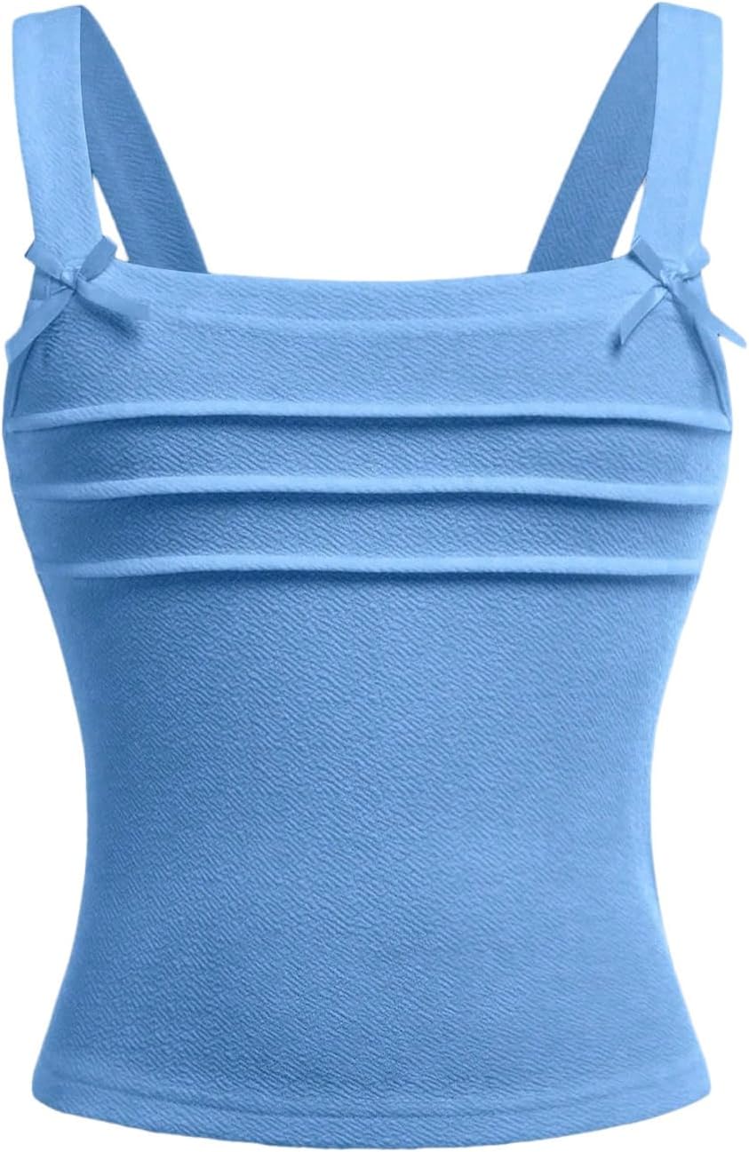 OYOANGLE Girl's Cute Bow Ruched Tank Top Square Neck Sleeveless Fitted Summer Cami Tops