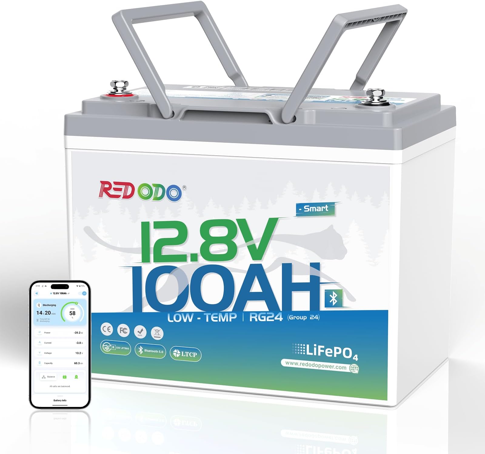 Redodo 12V 100Ah LiFePO4 Battery Bluetooth, Low-Temp Protection BCI Group 24 Lithium Battery for Trolling Motor, Bulit-in 100A Smart BMS, Perfect for Marine, Boat, RV, Solar and Off Grid