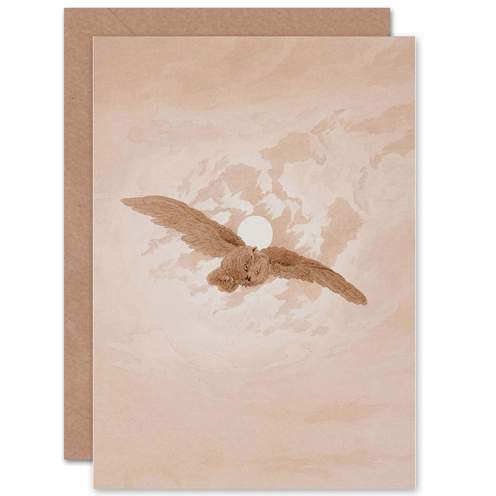Artery8 Greeting Card - Owl Flying Moonlit Sky - Beige