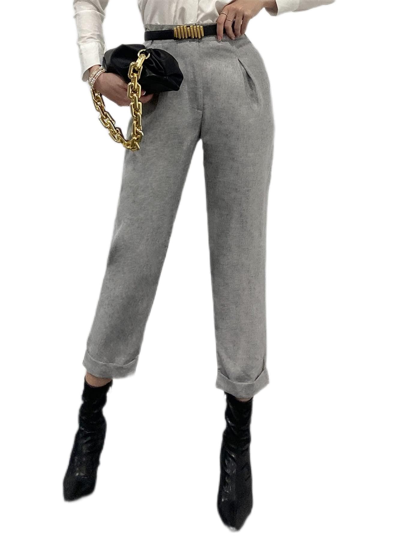 SEIBES Womens Pants Solid Roll Up Hem Pants Without Belt Pant for Women