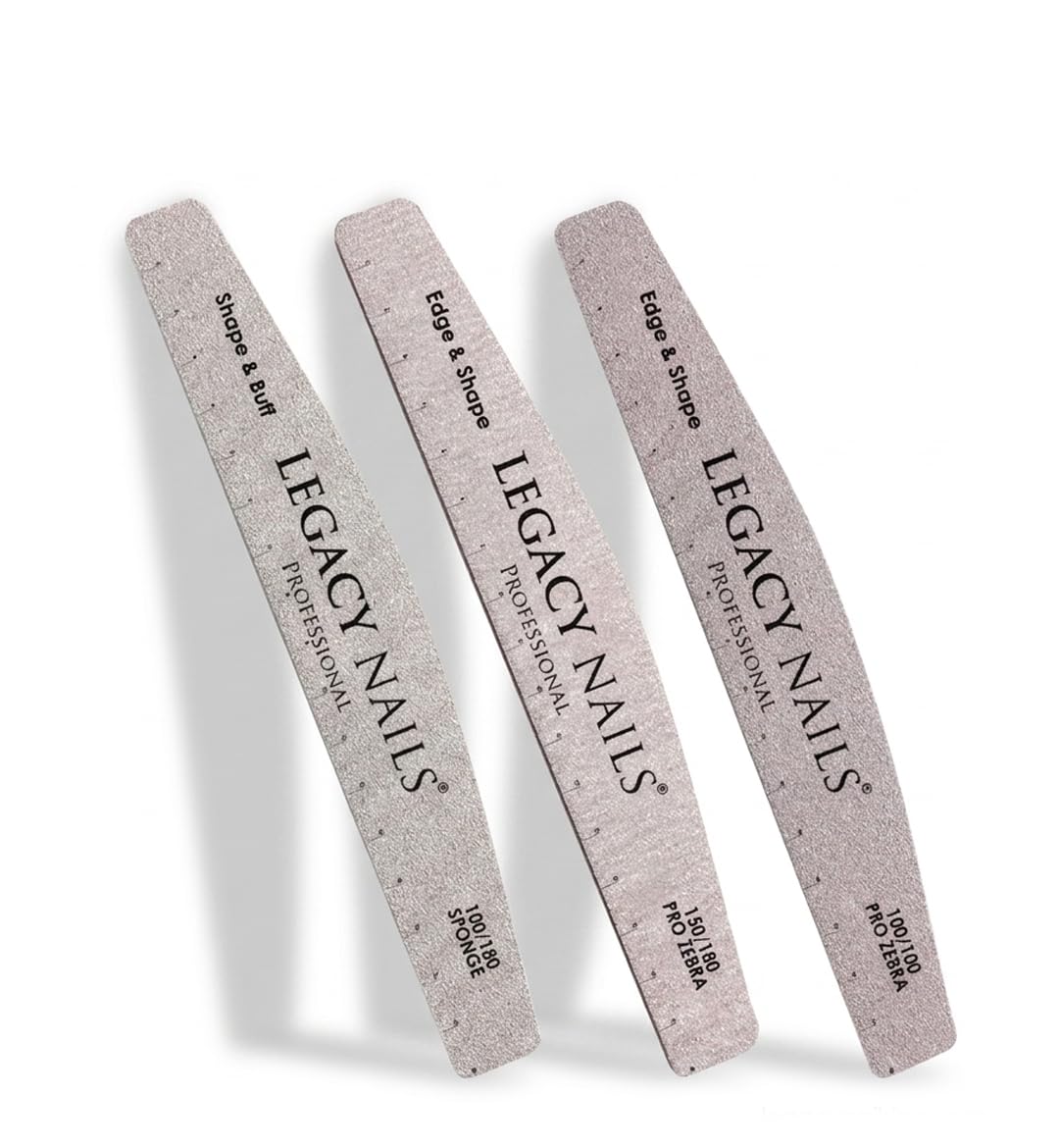 Legacy Nails 3-in-1 Professional Nail File Set – Half Moon 100/180 Sponge Buffer, Pro Zebra Nail File 100/100 & 150/180 – Buff, Shape & Smooth for Acrylic, Gel & Natural Nails – Salon-Quality Manicure