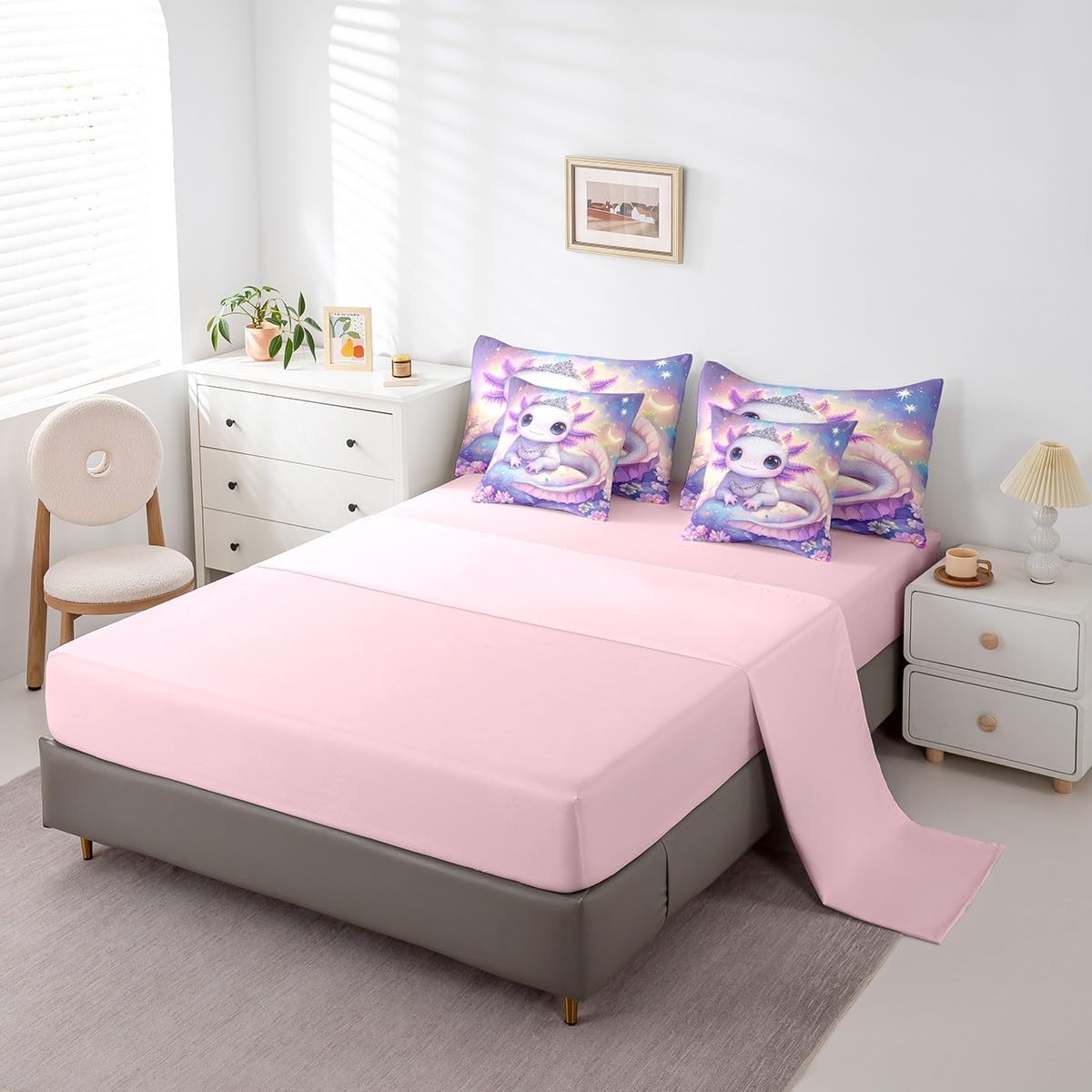 Erosebridal Cute Axolotl Comforter Set with Sheets Full Size,Blooming Blossom Flower Purple Galaxy Printed Bedding for Kids Girls Room Decor,Cartoon Axolotl Ocean Animal Bed Set 7Pcs