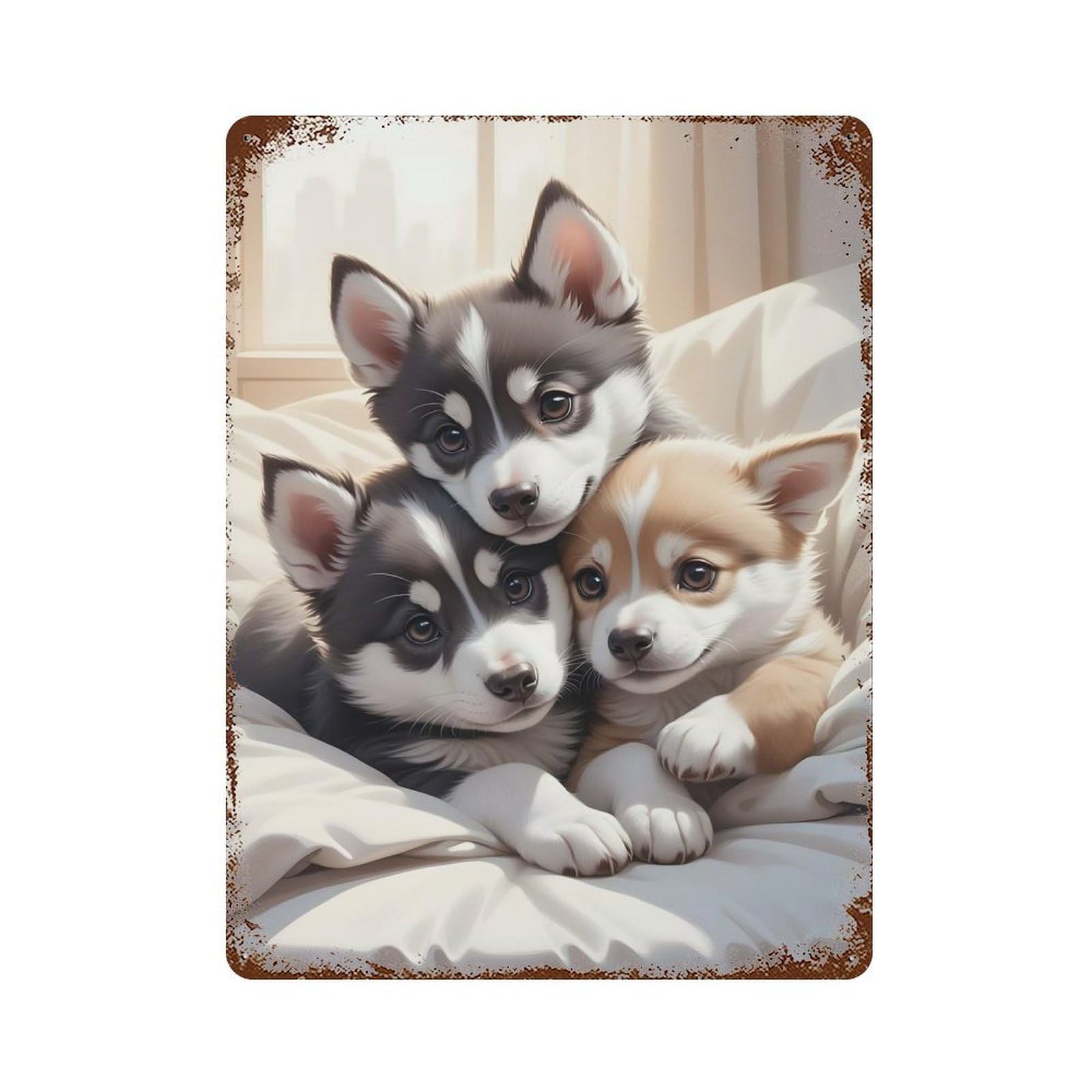 Aged Metal Wall Plaque with Husky Puppies Design 15.7"x11.8", for Basement, Hobby Room And Garage Decor, Farmhouse Wall Decor