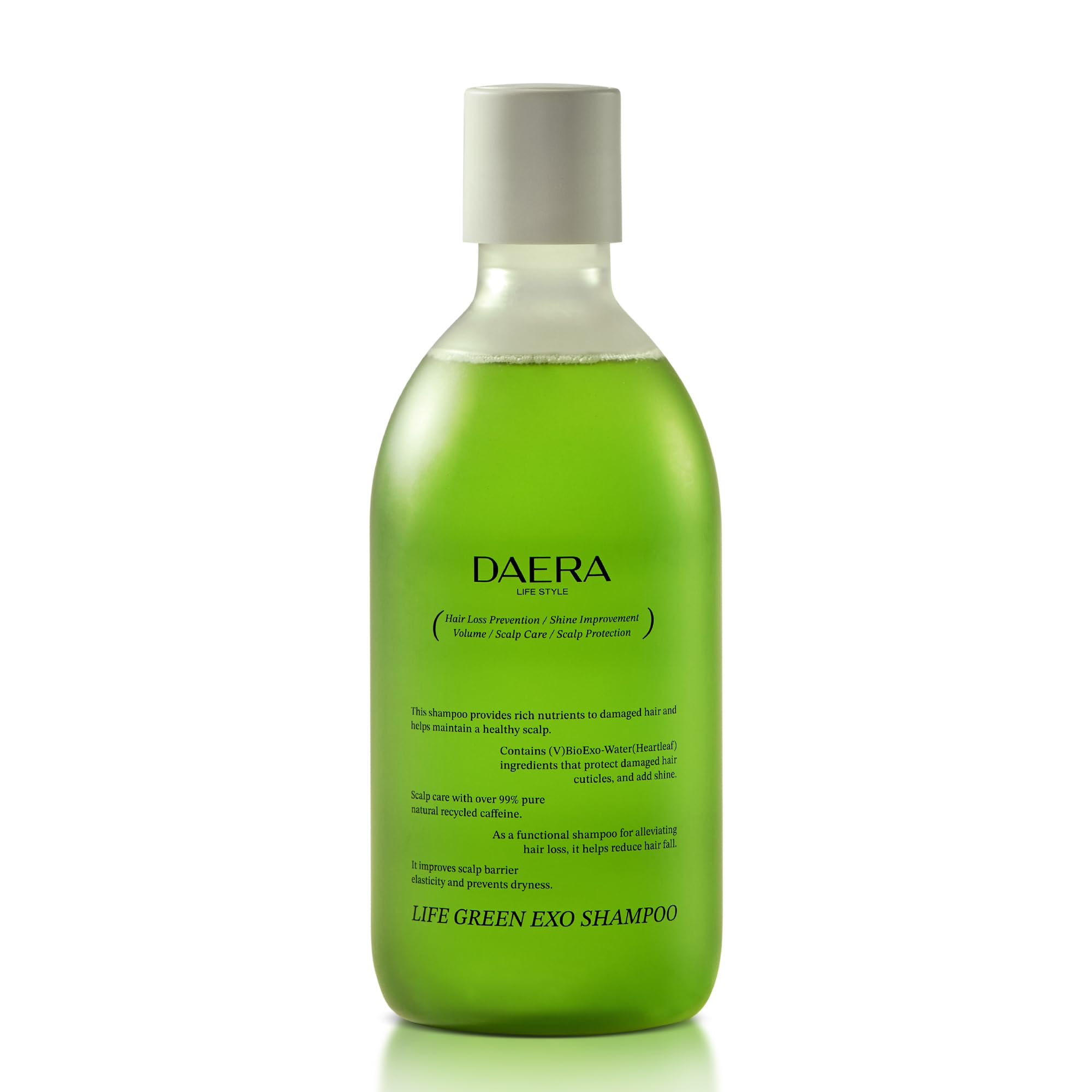 DAERA Life Green Exo Shampoo for Thinning Hair Thickening, 10.24 fl oz, Caffeine Biotin Scalp Deep Cleansing, Volumizing, Natural Heartleaf Extract,