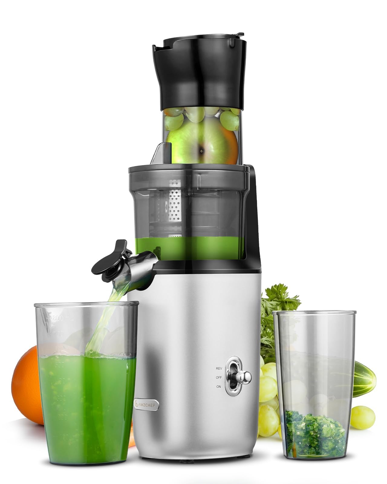 AMZCHEF Extracteur De Jus Pour Fruits Entiers 80MM - Centrifugeuse Sans BPA 200W Avec Tarière Améliorée, Filtre Double Couche, Moteur Silencieux - Gris