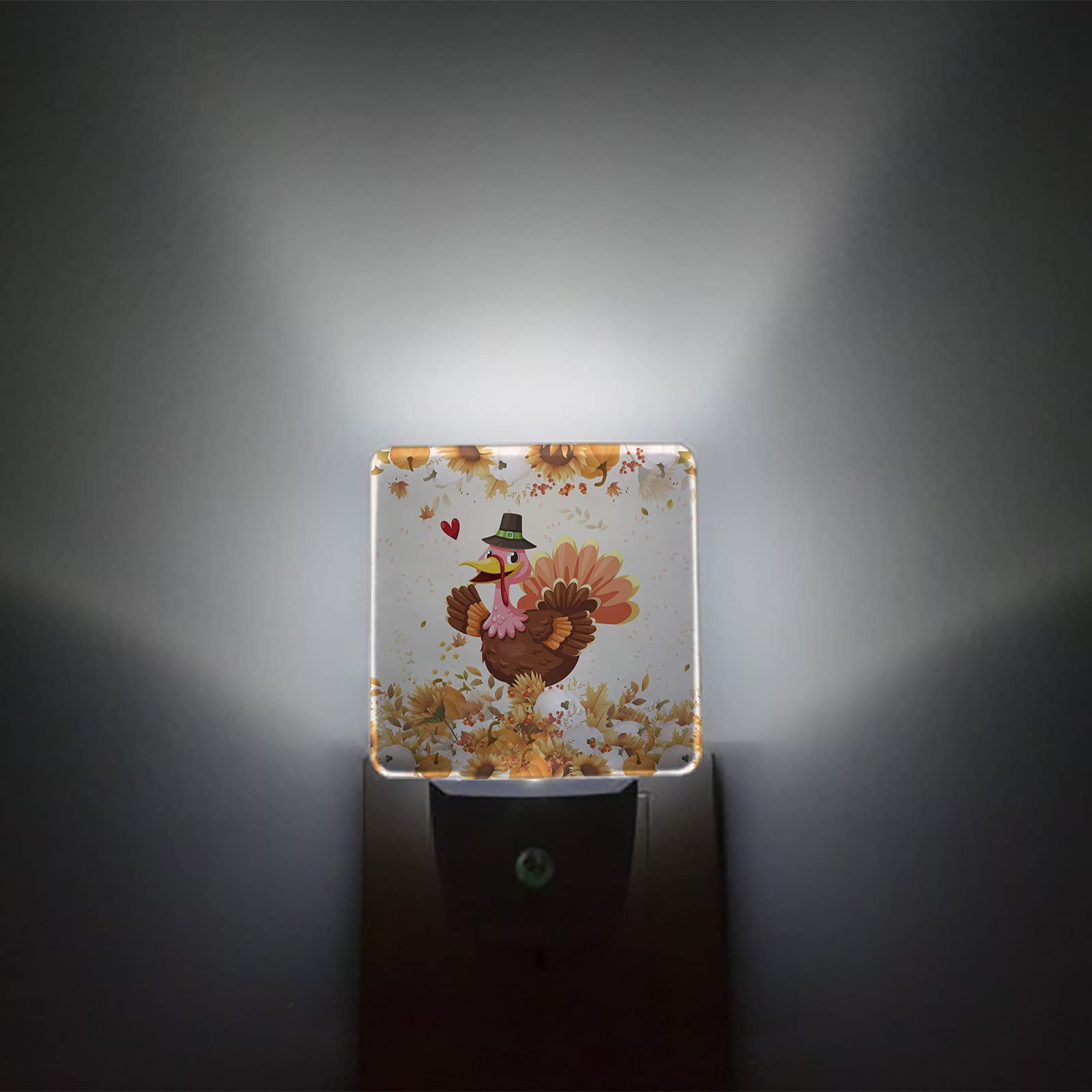 Night Light for Kids Plug into Wall LED Lamp Dusk-to-Dawn Sensor,Cartoon Turkey and Pumpkin Sunflowers Thanksgiving Baby Nightlight for Bathroom Nursery Bedroom Hallway Stairs Home Room Decor