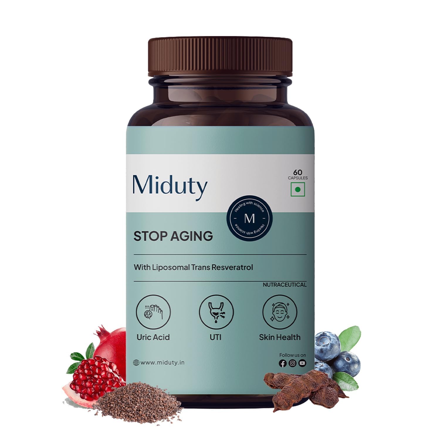 Midut.y Stop Aging Powerful Antioxidant Formula to Slow Down Aging, Anti Aging Supplement for Youthful Skin - Anti Aging Capsules, Resveratrol Active Ingredient, 60 Capsule