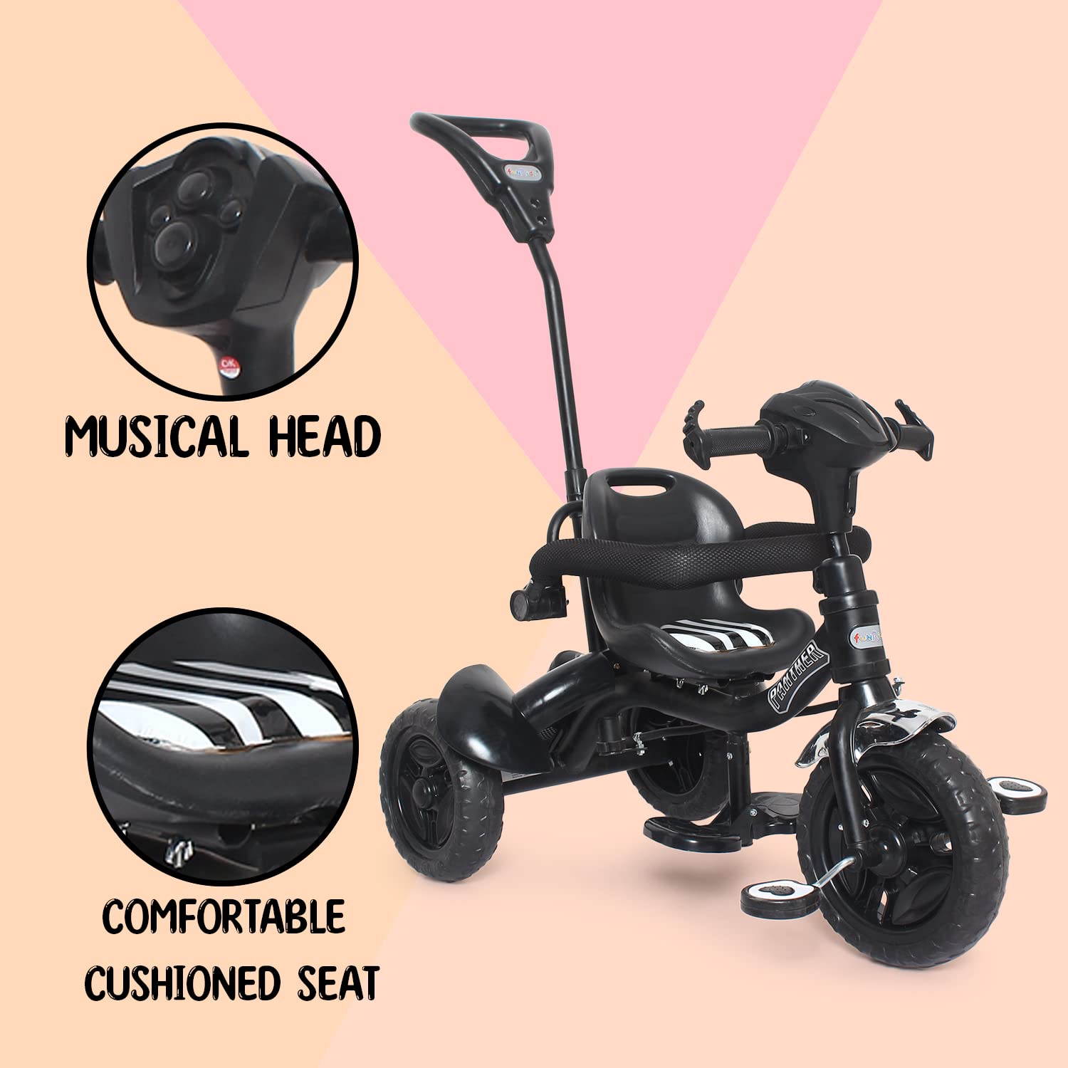 Fun Ride Kid's Tricycle Panther 2 in1 for 1 to 5 Years - Plug and Play Baby Trike with Music and Lights with Removable Parental Control Handle - Black (Weight - Upto 25 Kg) 3