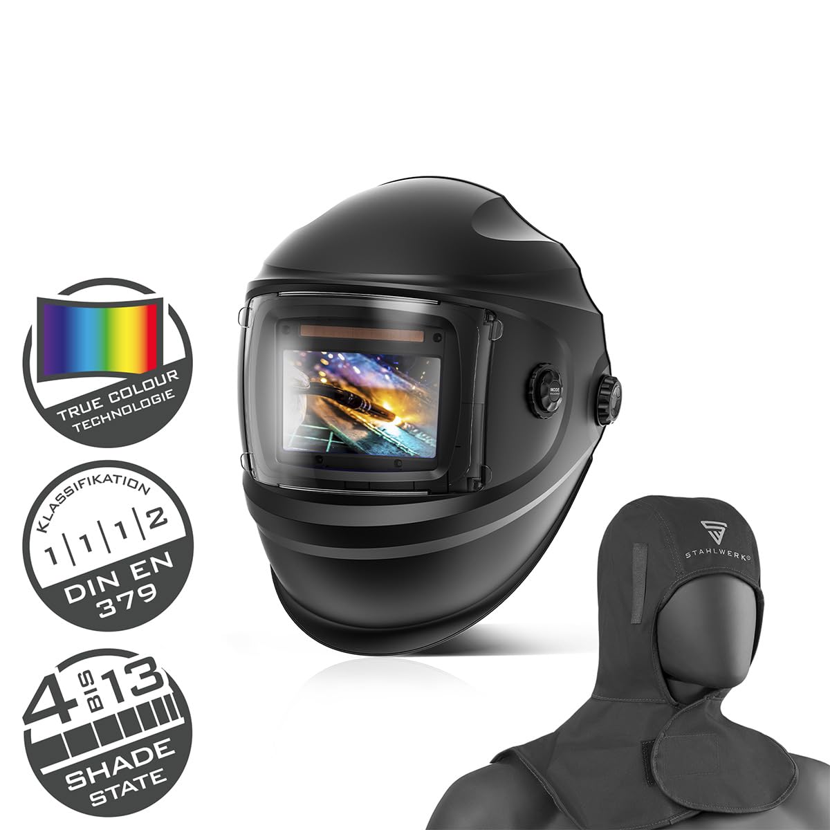 STAHLWERK Casque de soudage Automatique 3-en-1 Bullet – Kit avec Bonnet de Soudure, True Colour, obscurcissement Automatique DIN 4-13, Classe Optique 1/1/1/2, Champ de Vision 100 x 60 mm