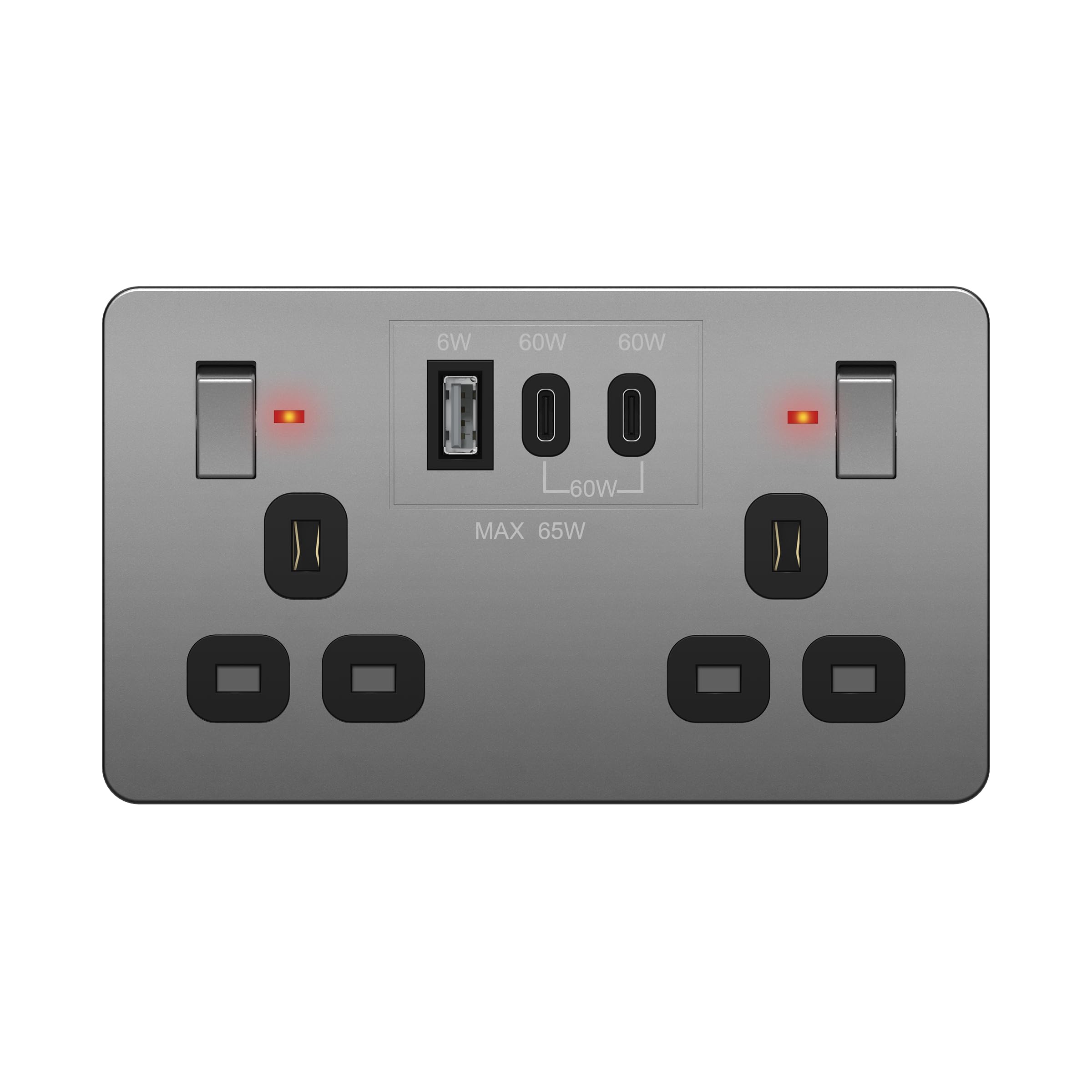 LIDER 2-Gang Switched 13A Socket with USB TYPE C & A, LED Power Indicator, Power Delivery Fast Charging, Total Output 65W, PD 60W Max USB-C, UKCA Certified, Space Gray (Use a 35mm-deep back box) โ image 1