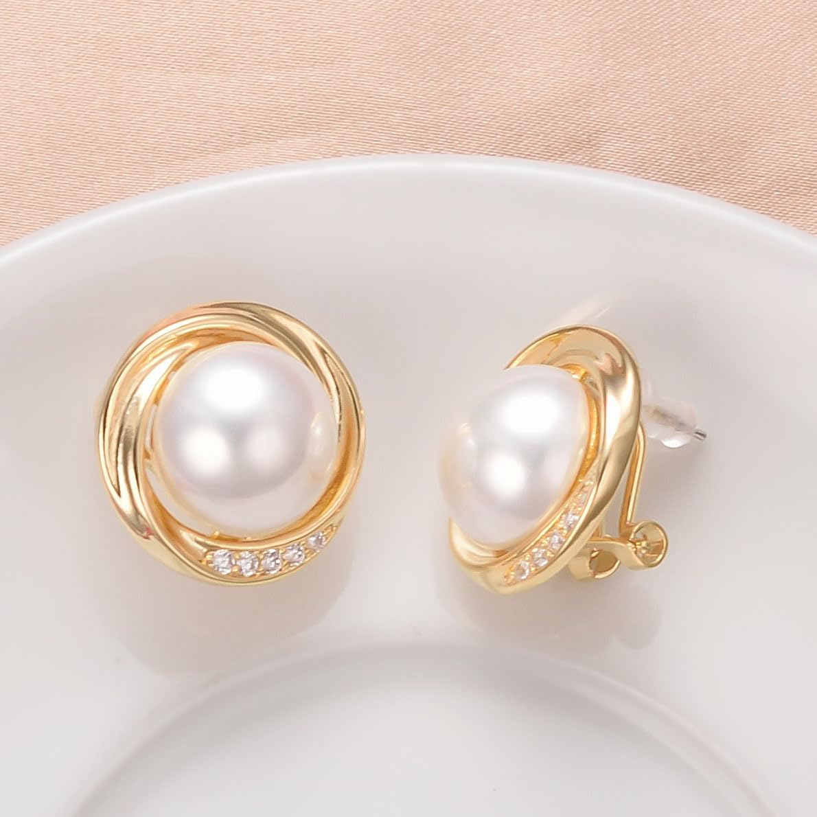 Yoursfs Round White Pearl Stud Earrings for Women Dainty Hypoallergenic Spiral Earrings Cubic Zirconia Jewelry - Image 7