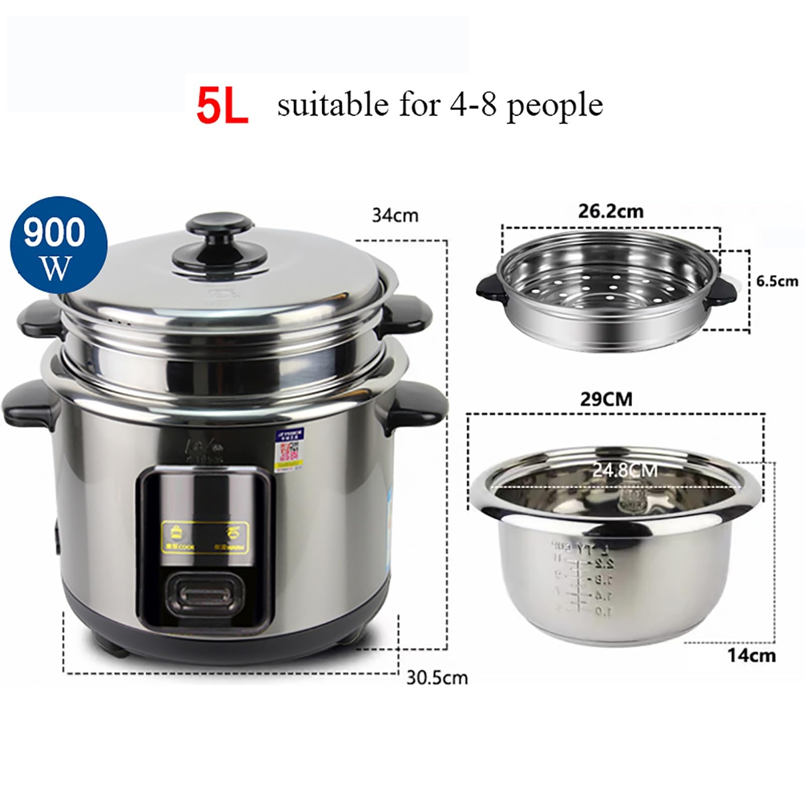 Cuociriso (2-6L) Pentola interna in acciaio inossidabile 304, isolamento intelligente, prepara riso e cibo a vapore e verdure, alimentazione 220-240V US/EU(4L)