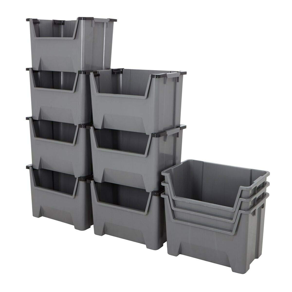 BiGDUG Large Plastic Stacking Bins (10 Pack) - 305x490x390 mm - Open Fronted Order Picking Boxes - Grey - Heavy Duty Storage Boxes