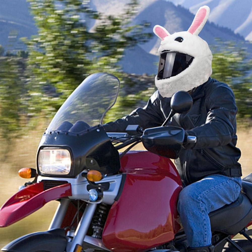 Divertente copricasco da moto, decorazione per casco a forma di coniglio bianco in peluche per motociclisti, regali e accessori unici per motociclisti