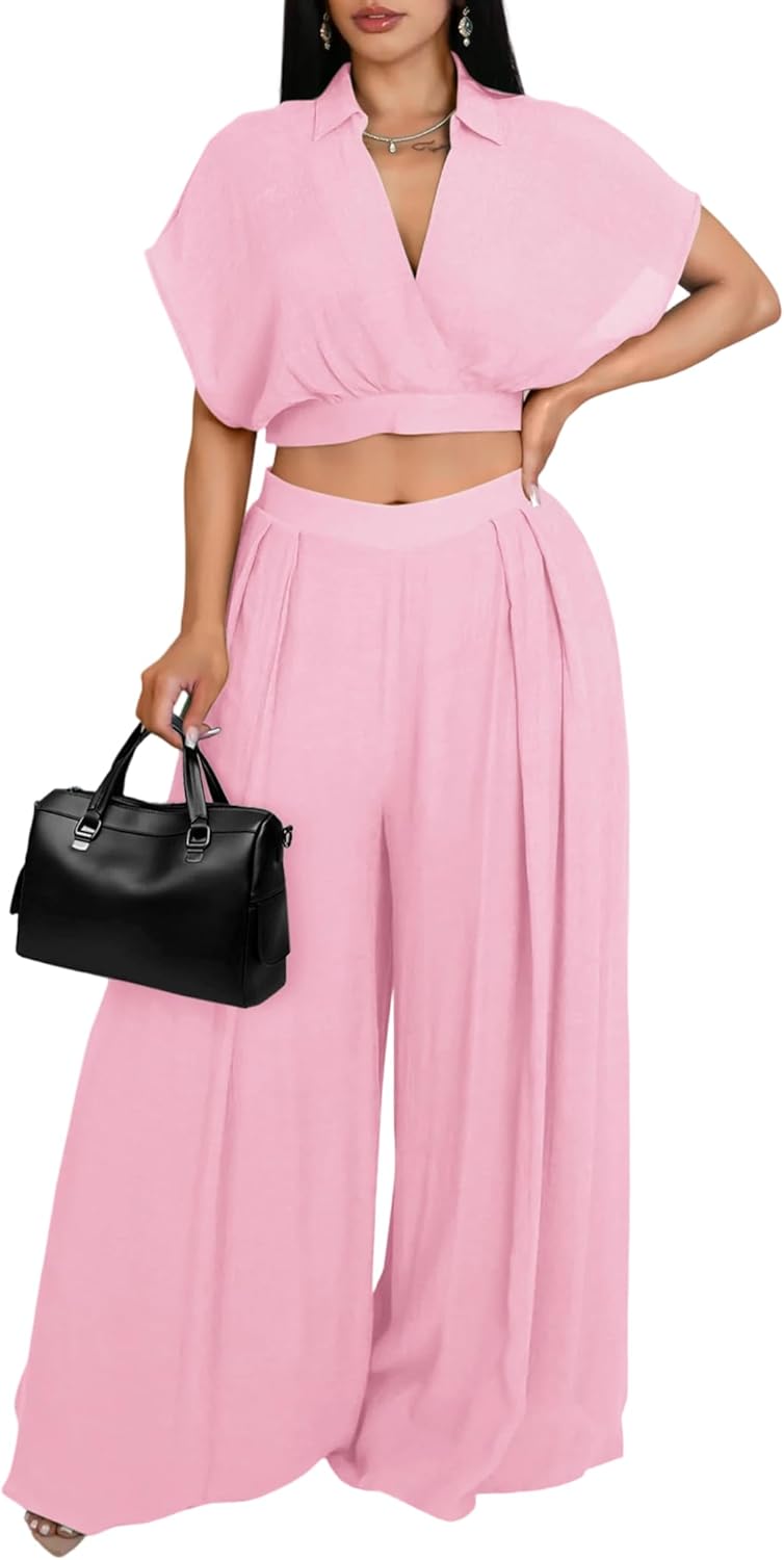 Lounge Sets for Women Two Piece V Neck Crop Top Flowy Pants Set Vacation Travel Summer Outfits