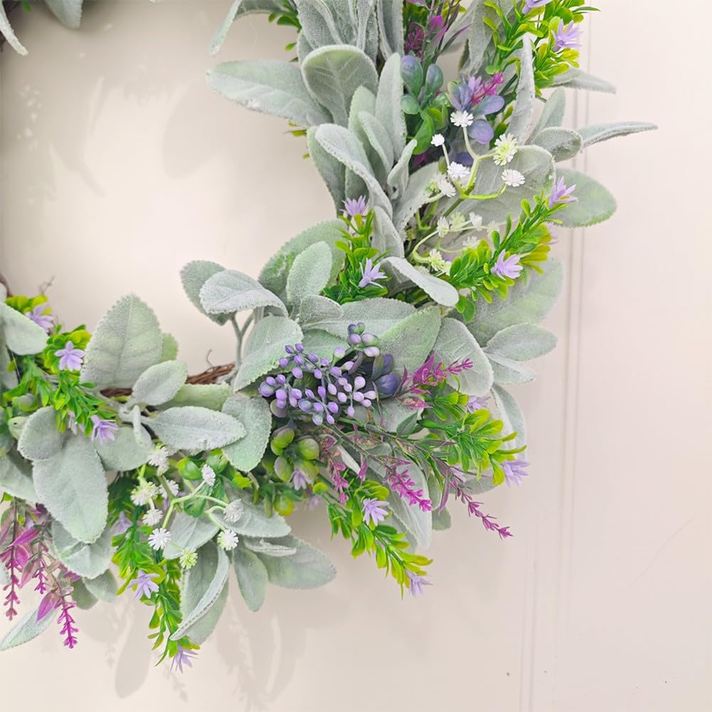 Ghirlanda di eucalipto artificiale, 45 cm, con lavanda, parte anteriore | Ghirlanda di eucalipto artificiale da 45 cm con accenti di lavanda, parte anteriore verde per decorazione porta per ingresso