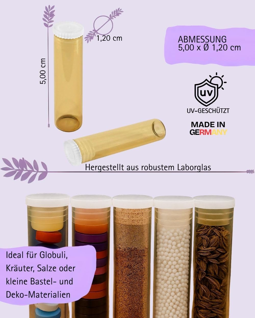 167 Stück Flachbodengläser 50mm x Ø12mm, Braunglas, ca. 2,5g, Laborgefäß, Reagenzglas stehend mit Lamellenstopfen, für Globuli, Pulver, Testsätze, feste Substanzenbraun