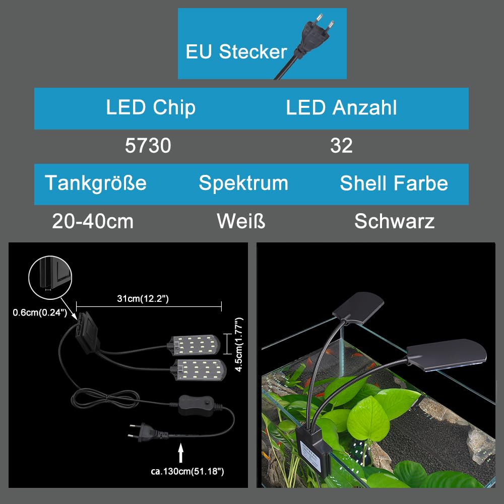 SENZEAL X7 LED Aquarium Beleuchtung Zwillinge Aquarium Lampe Zwei Köpfe LED Licht 220V 1600LM für 8 bis 15 Zoll Fisch Tank Weißes Licht