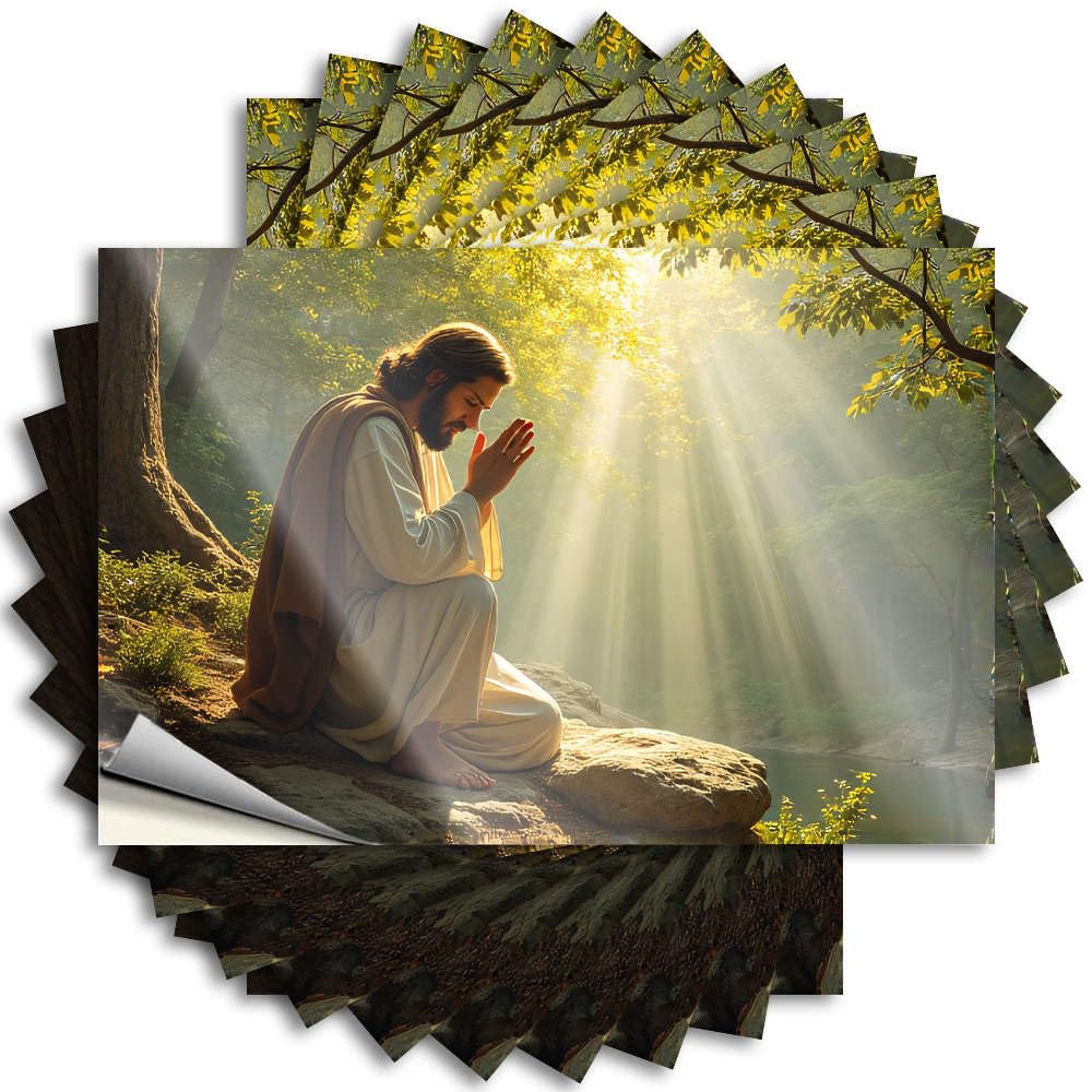 Bar Cart Decor Sticker Durable Tumbler | A Person in Robes Kneels By A Serene Forest Stream, Bathed in Golden Light. Neutral Self Adhesive Sticker for Dart DIY(12X18CM)