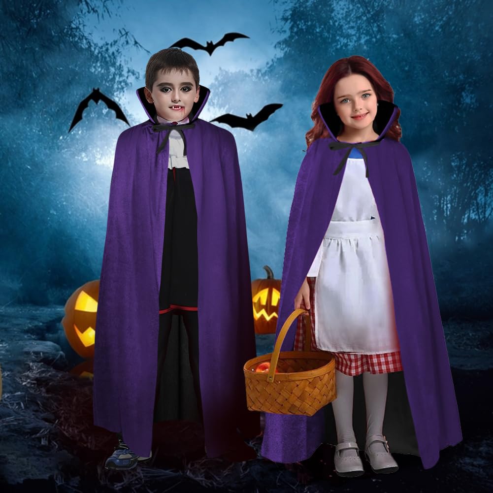 AOOWU Mantello Vampiro Bambini, Mantello Reversibile Mantello Nero Viola di Halloween, Vampiro Collo Alto Mantello Unisex per Carnevale, Cosplay Travestimento, 90cm