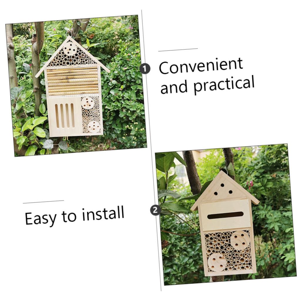 WOONEKY 2 Stück Holz Bienenhaus Wetterfestes Insektenhotel mit Nisthilfen Attraktives Gartenhaus für Wildbienen und Ökologische Garten Dekoration Einfach Aufzuhängen