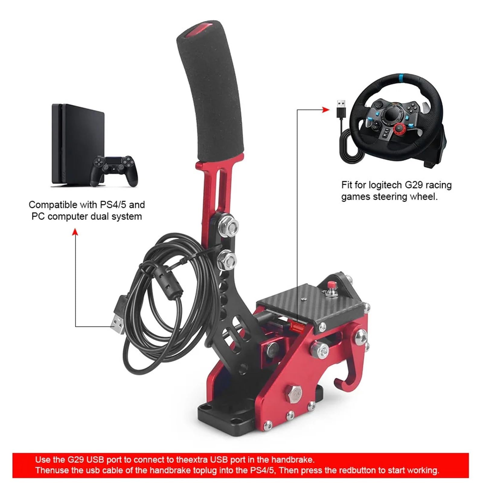 ZRHYRG Freno a Mano Per PS4 PS5 PC Freno a mano Per giochi di corse SIM Per Logitech G29 Acciaio e alluminio RALLY Regolabile Per PC Windows DIRT del freno di stazionamento(Black)