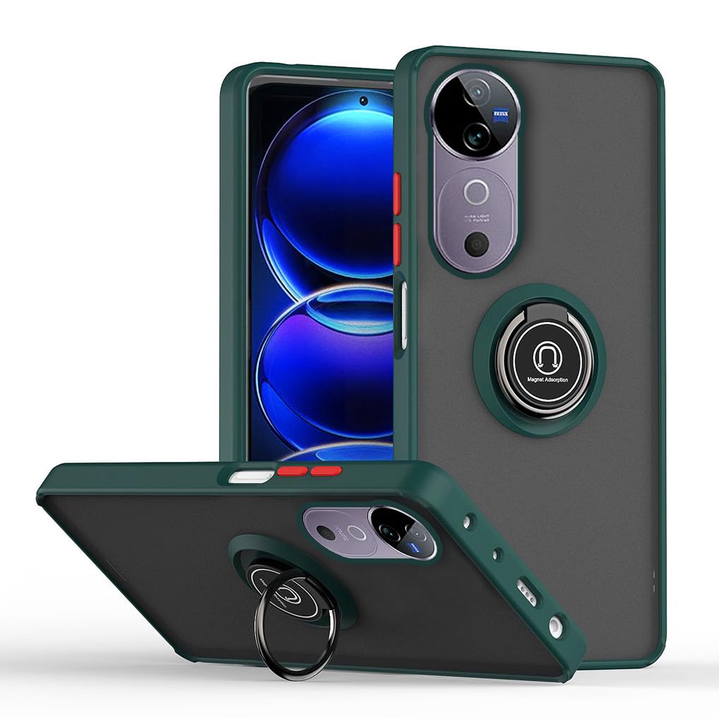 SEAHAI Case for Vivo V40 5G / Vivo V40 Pro 5G, Ultra Thin Hard Translucent PC Matte Back Soft TPU Silicone Dual Layer Hybrid Shockproof Cover, with Ring Holder Kickstand, Dark green