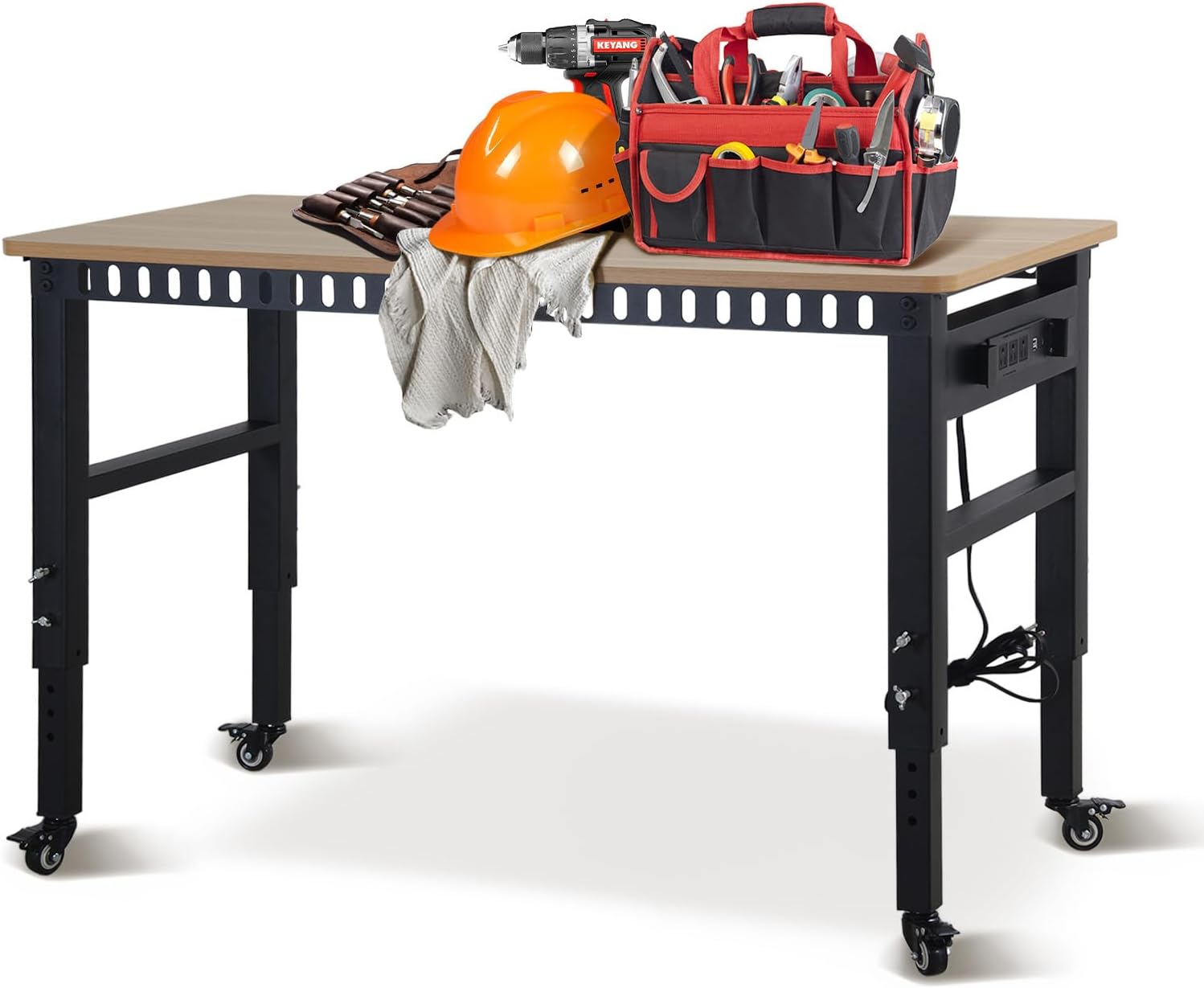 48" Adjustable Workbench with Power Outlets - 2000 LBS Load Capacity, Rubber Wood Top, 6-Level Height Adjustment (26.3" to 35.8") - Heavy-Duty Work Table for Workshop, Garage, Home
