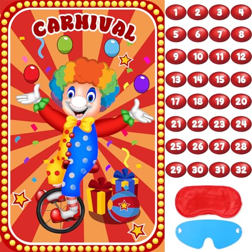 Hxezoc Circus Party Games, Pin The Noses on The Clown With 32 Pcs Nose Stickers, Large Carnival Clown Games Poster for Kids Birthday Party School Classroom Carnival Party Supplies