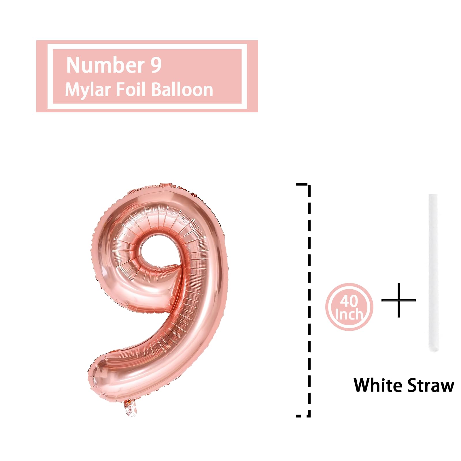 9 Number Balloon Rose Gold 40 inch Big Foil Mylar 9th Balloons for 9 Year Old Boy Girl Birthday Party Decorations Wedding Anniversary Events Supplies