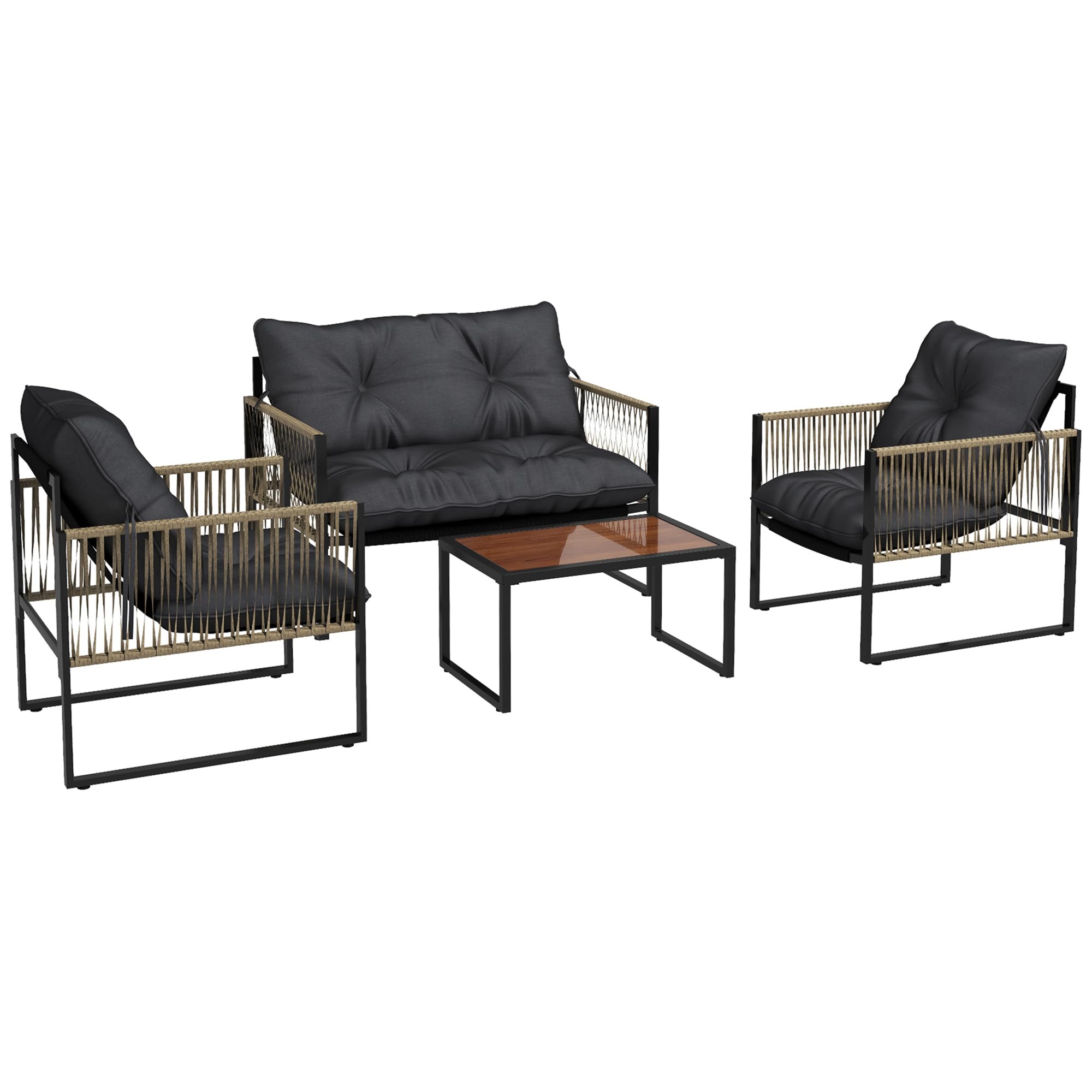 Outsunny Conjunto de Muebles de Jardín Exterior de Ratán Juego de 4 Piezas Muebles de Terraza con 1 Sofá de 2 Plazas 2 Sillones Cojines y 1 Mesa de Centro de Tablero de Vidrio para Patio Gris y Marrón