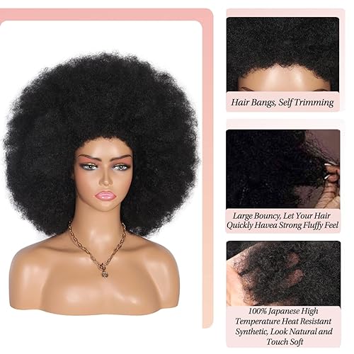 Miniatura 4 de Kalyss Pelucas de cabello humano corto afro rizado de 16 pulgadas para mujeres negras, peluca afro grande y suave, de aspecto natural, pelucas de