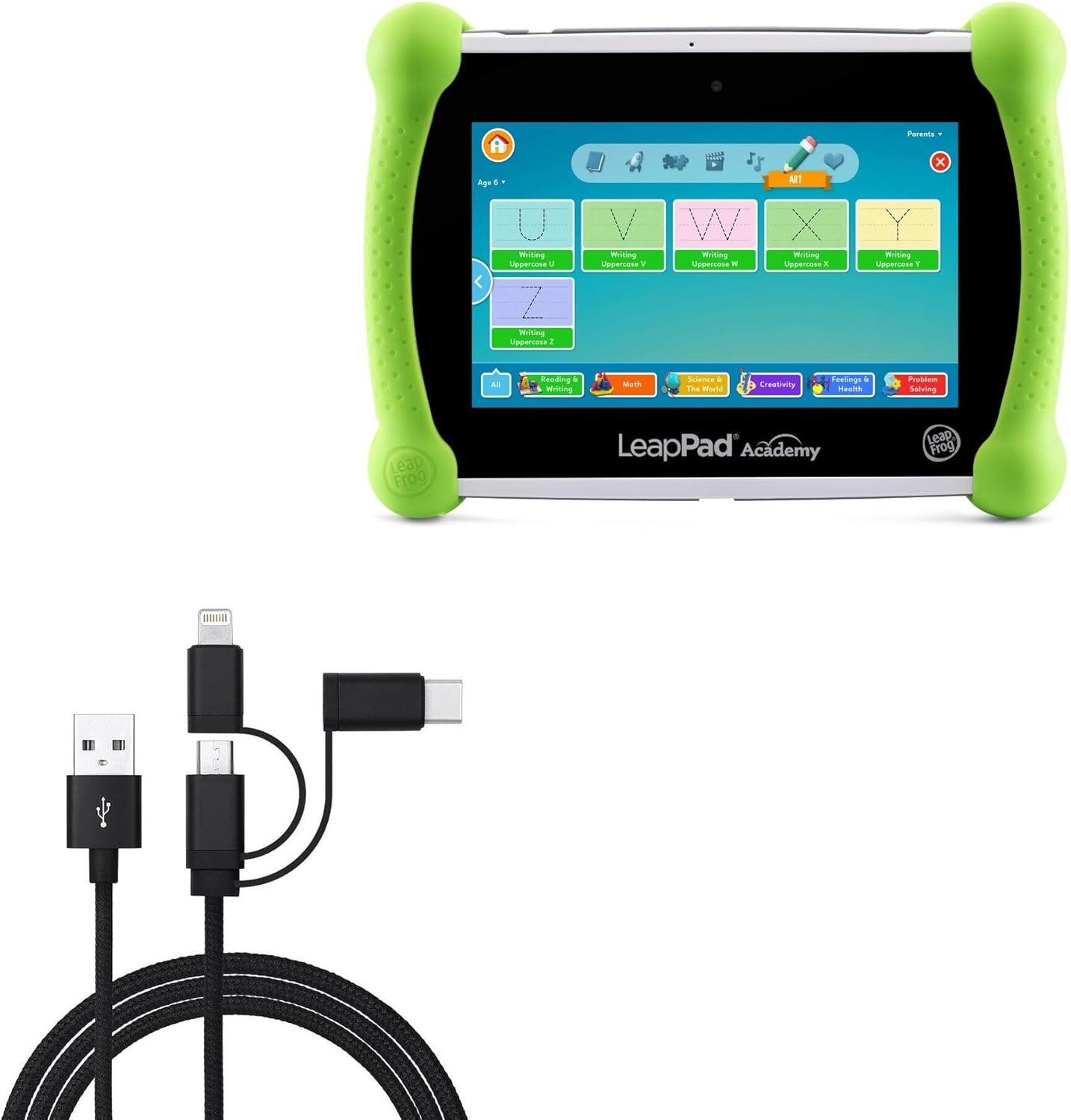 BoxWave Cable Compatible with Leapfrog LeapPad Academy - AllCharge 3-in-1 Cable - Jet Black