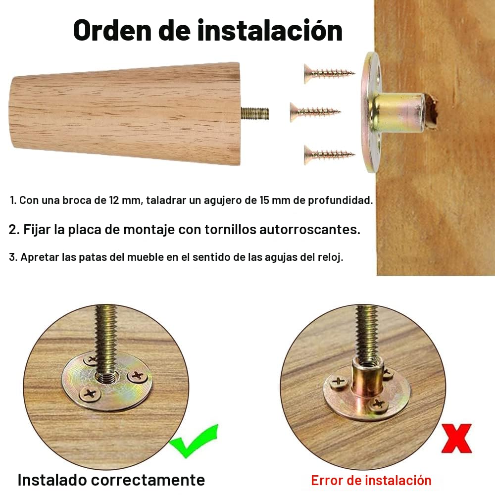 Patas para Muebles Madera 6 Piezas Patas de Madera de Sofá 12cm Patas de Madera para Muebles Patas de Mesa de Madera con Placa de Montaje Tornillos y Protector Antideslizante