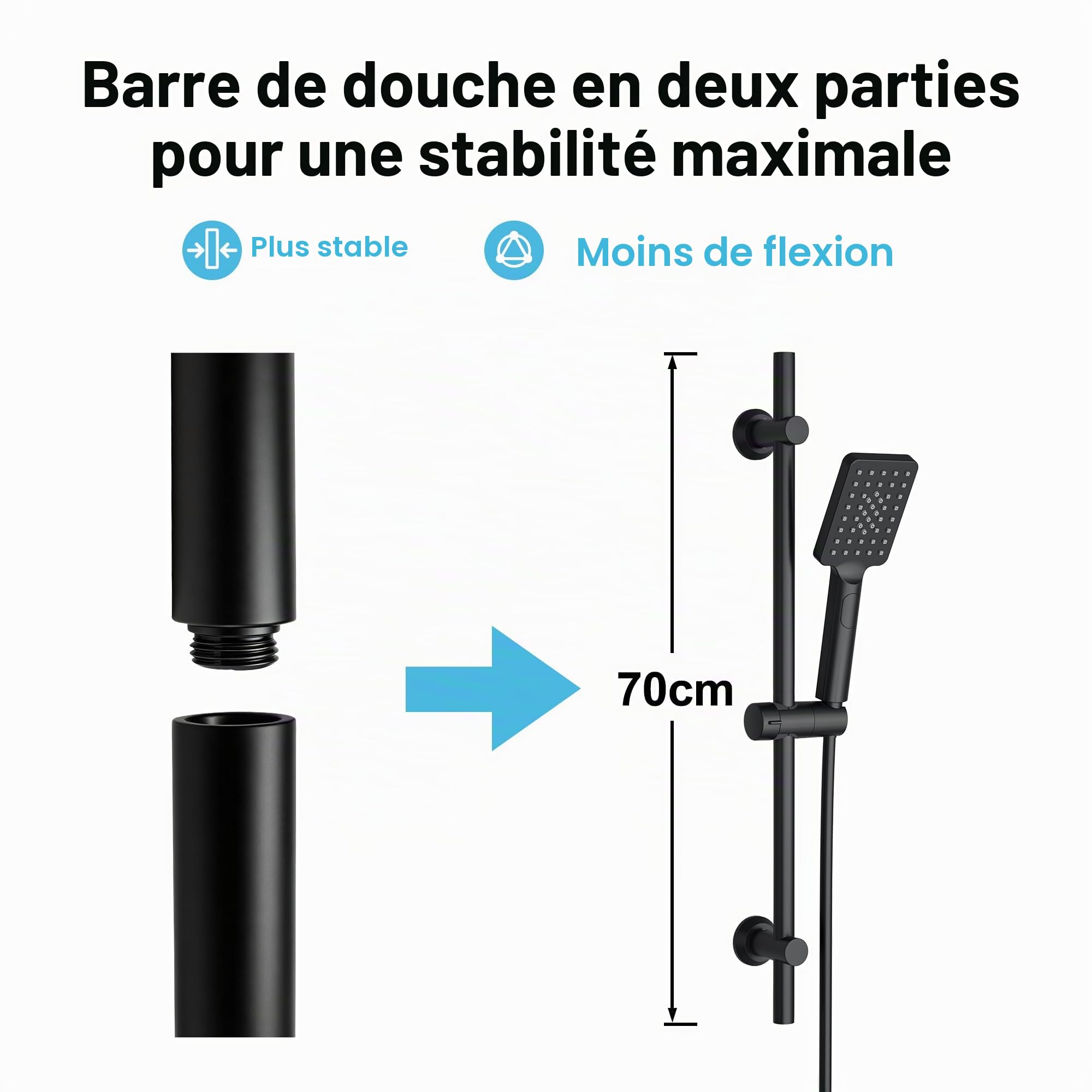 Görbach Colonne de Douche en Acier inoxydable avec Douchette à Main 3 Jets, Ensemble Barre de douche et Support de Pommeau de Douche et Tuyau pour Salle de Bain, Étagère Douche, 70cm Noir