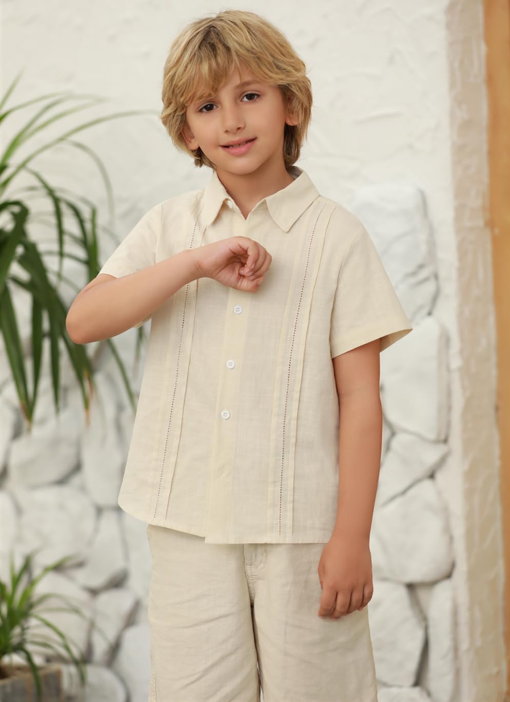 Hestenve Kid Boys Button Down Cotton Linen Shirt Casual Summer Short Sleeve Dress Shirt - Image 4