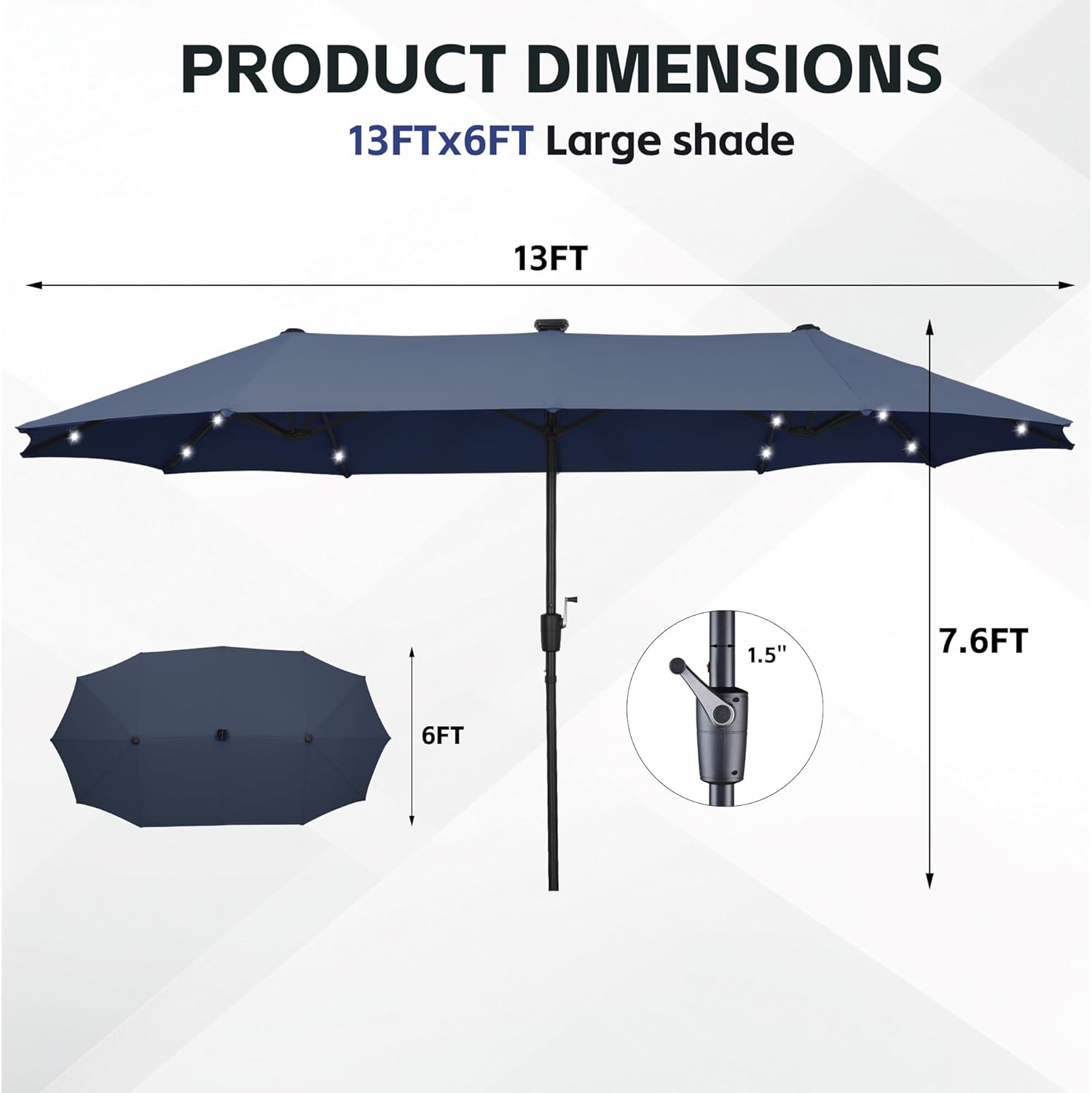 GDY 13FT Rectangular Patio Umbrella Ultimate Sun Protection & Easy Crank for Deck, Garden, Pool, Beach
