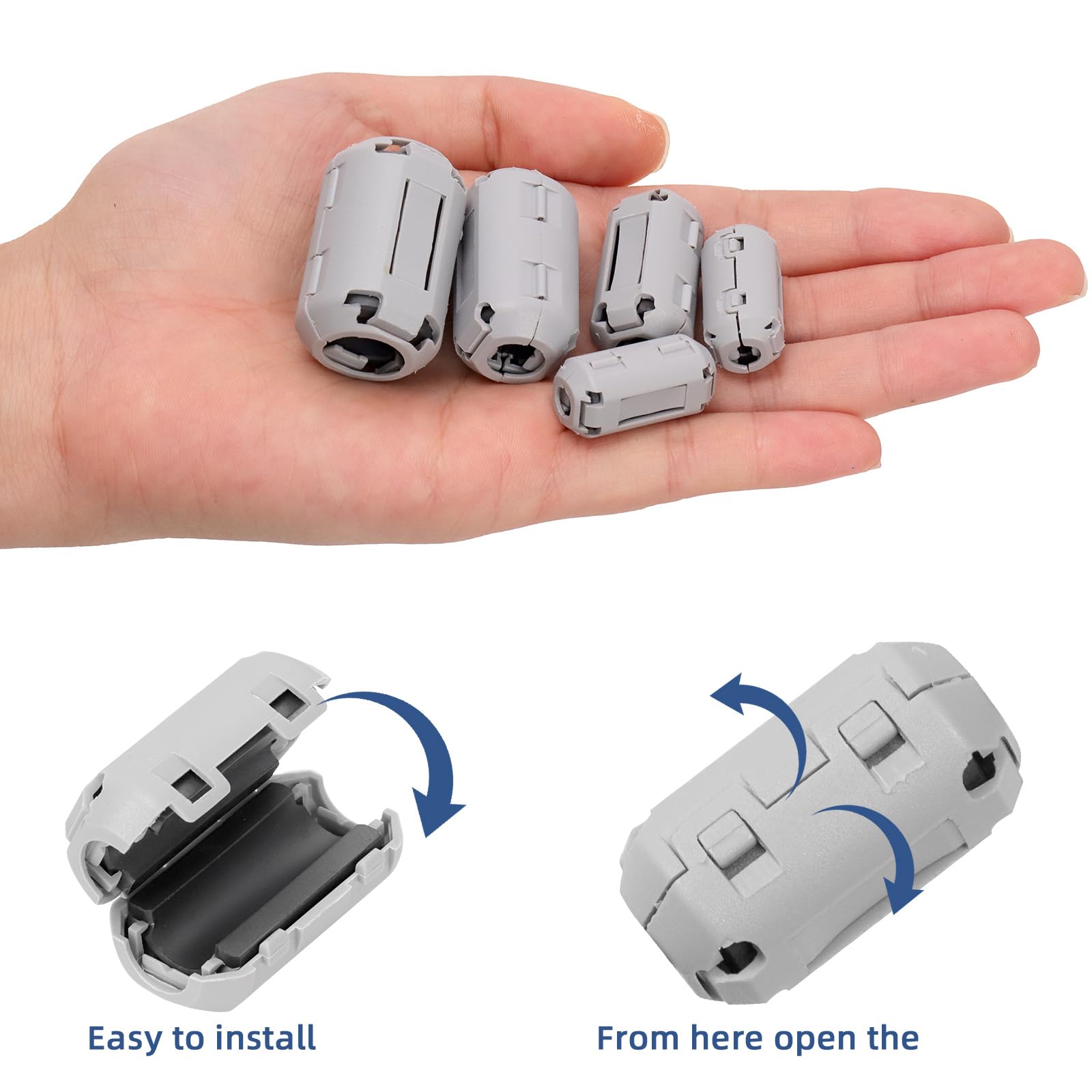 Glarks 32pcs Grigio Clip-on Ferrite Ring Core Set Include 28pcs 3.5/5/7/9/13MM Interno Diametro Clip Cavo RFI EMI Suppressore del rumore Clip Cavo 2pcs Toroid Cores 2pcs 15MM Ferrite Cores
