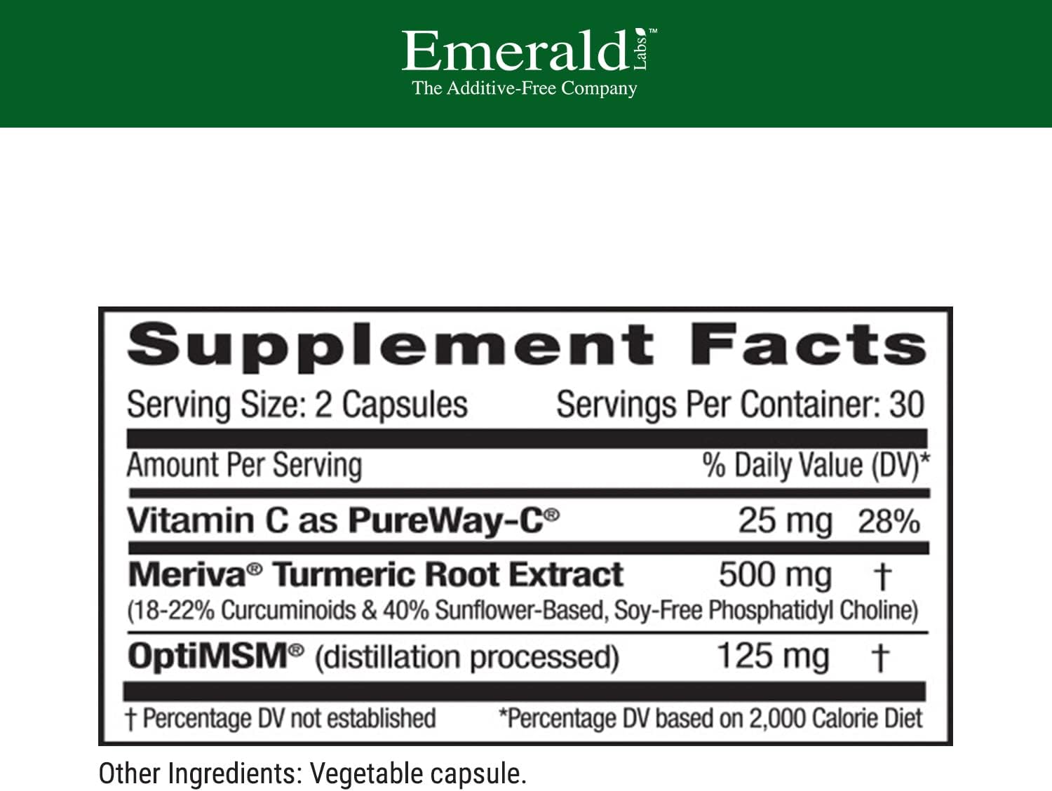 Emerald Labs Meriva Turmeric Plus - Meriva Turmeric, PureWay-C Vitamin C & OptiMSM - Supports Joint Health & Immune Response - 60 Vegetable Capsules (Up to 60-Day Supply)