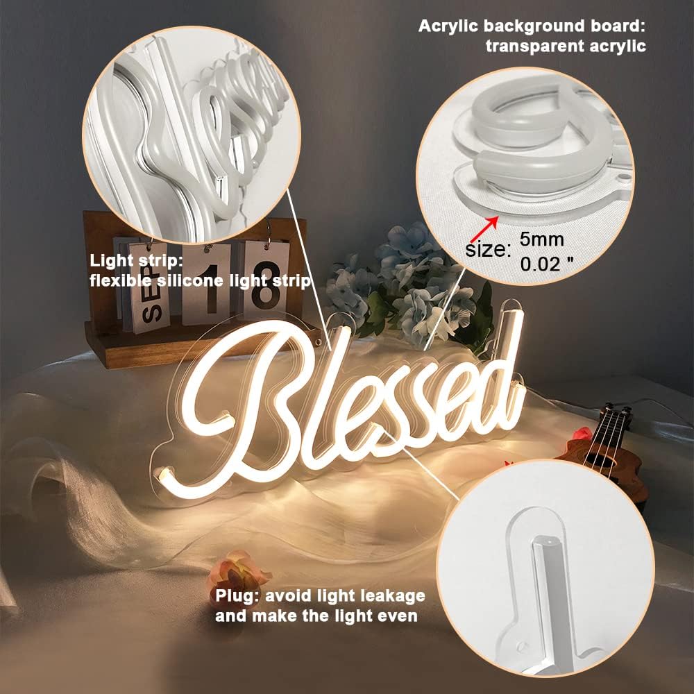 DIVATLA Blessed Neon Sign for Wall Decor, Blessed LED Light Up Signs for Bedroom, Dimmable & Reusable for Office Studio Lounge, Blessed Gifts for Friends & Family, USB Powered 17"x7" Warm White