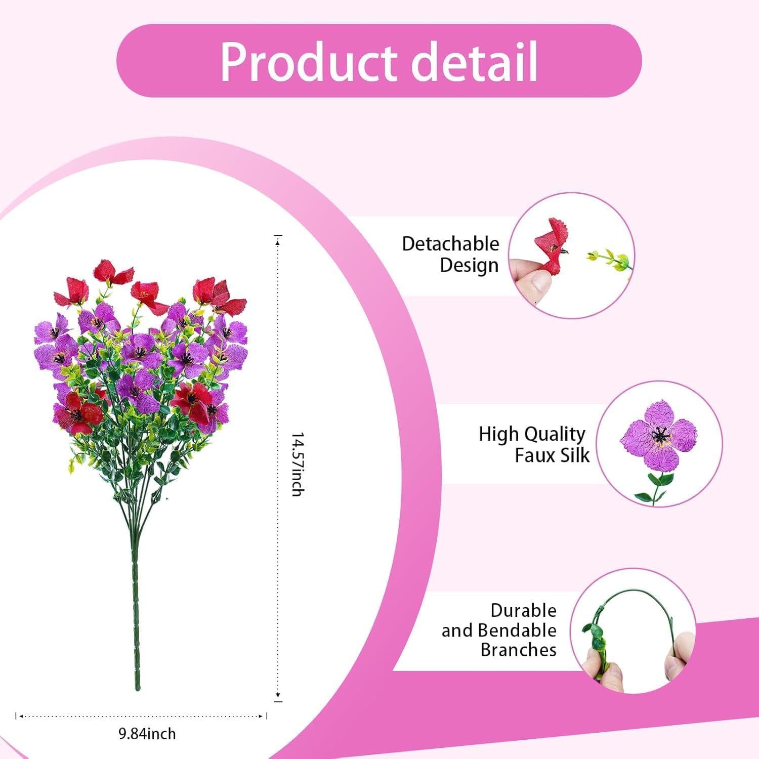 Artificial Faux Plants Flowers Outdoor Spring Summer Decoration, 12 Bundles Fake Silk Colorful Daisy Eucalyptus Realistic UV Resistant for Outside Home Planter Porch Patio Yard Decor (Red Purple) - Image 2