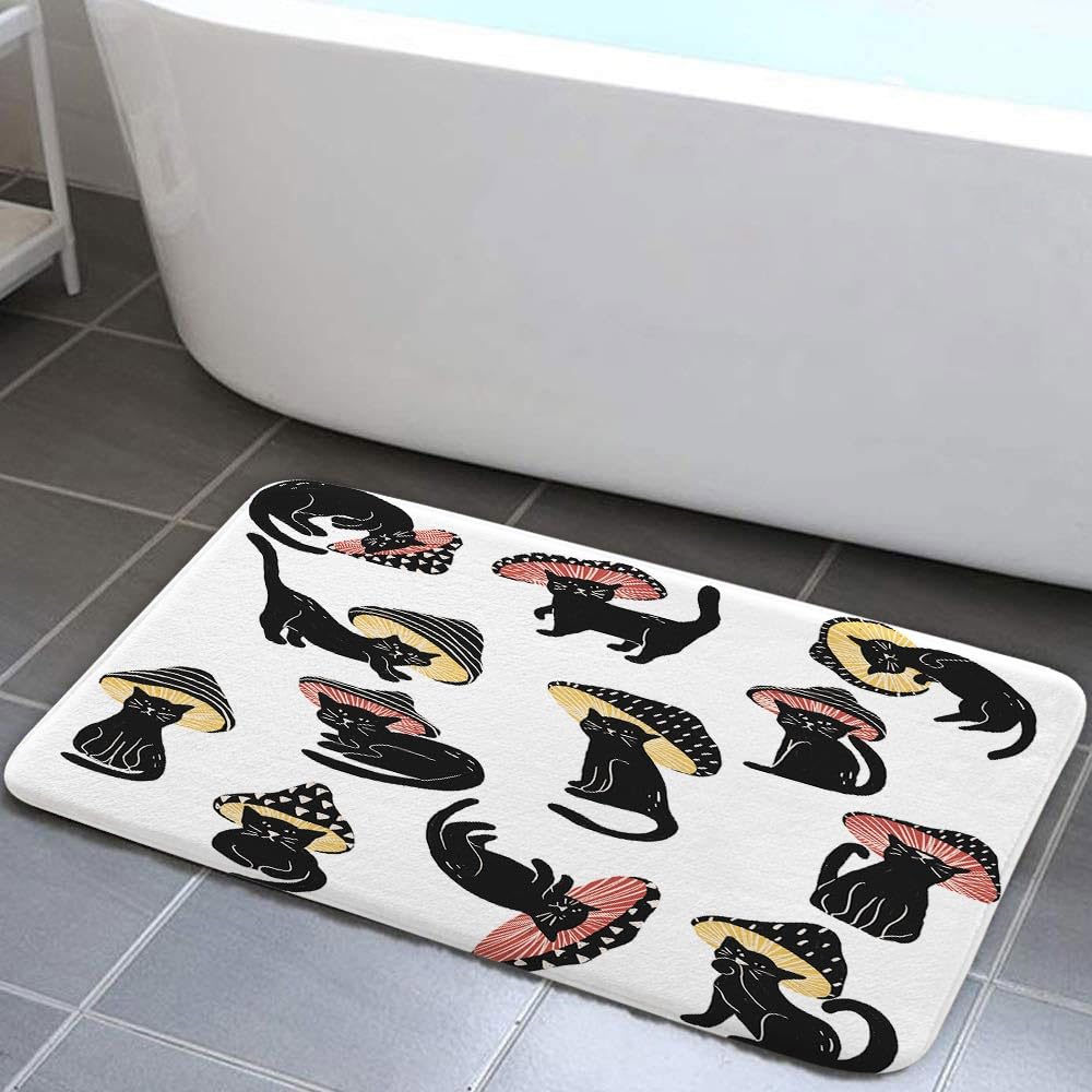 MERCHR Funny Mushroom Cat Bath Mat for Bathroom, Unique Fun Hilarious Art Floor Rugs Mats Non Slip Bathroom Cute 70s 80s Aesthetic Kids White Decor